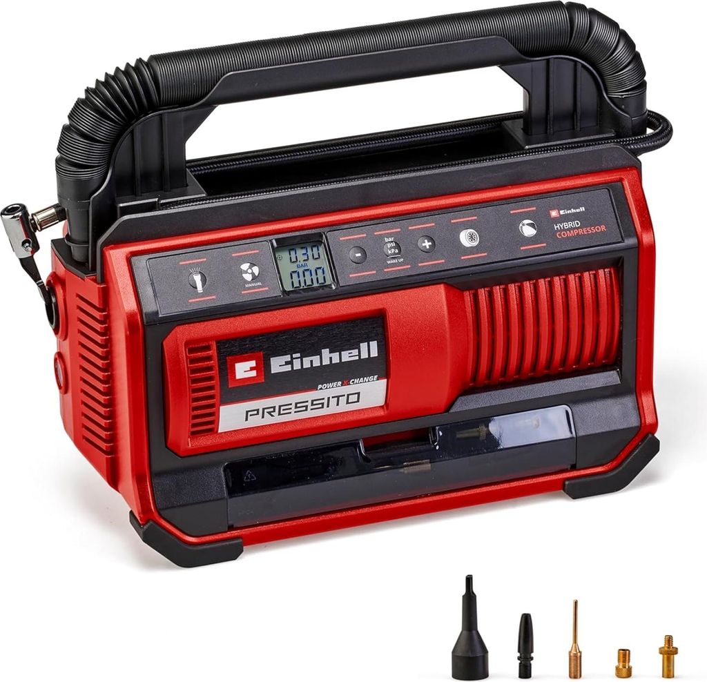 A red and black Einhell hybrid compressor with a digital display and various nozzles shown below.