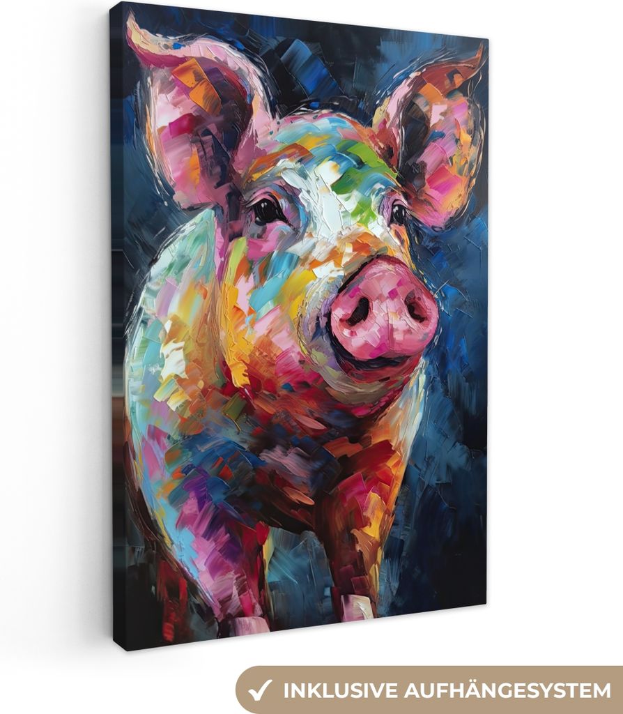 MuchoWow - Leinwandbilder - Schwein - Ölfarbe - Tiere - Kunst, Wandbild, Wanddeko Bilder Wohnzimmer, 40x60 cm