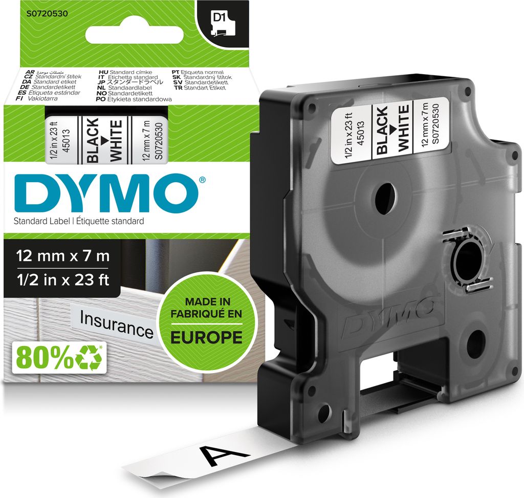 DYMO Original D1-Etikettenband | 12 mm x 7 m |schwarz auf weiß | selbstklebendes Schriftband |Polyster | für LabelManager-Beschriftungsgerät