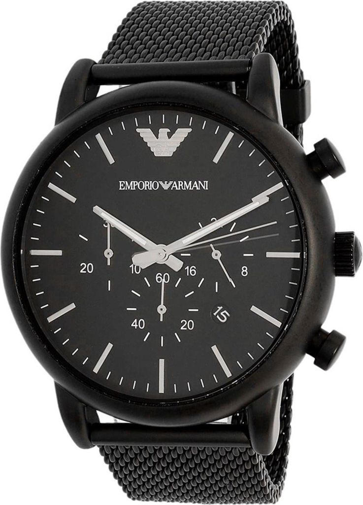 A close-up shot of a black Emporio Armani analog watch.