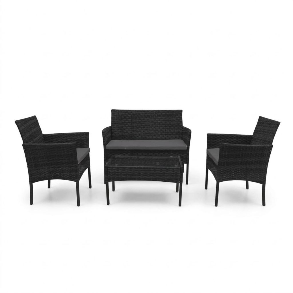 BETTSO Polyrattan Gartenmöbel-Set LUNGO Schwarz - Lounge-Set mit Sofa, Sessel & Tisch inkl. Kissen Graphit - Wetterfest & Elegant - Balkon & Terrasse