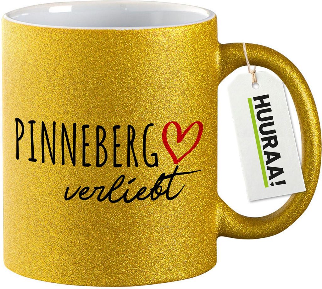 Huuraa Glitzertasse Pinneberg verliebt 330ml Gold Keramik Kaffeebecher Geschenkidee