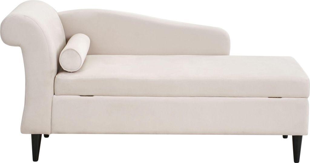 BELIANI Chaiselongue Linksseitig Beige Samt mit Armlehne Stauraum und Nackenrolle Dunkle Holzfüße Hohe Lehne Retro-Design Wohnzimmer Liegesofa