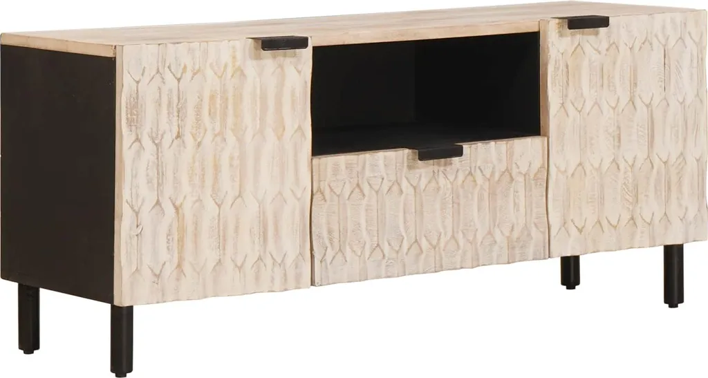 Petit meuble TV blanc 105 cm finition bois patiné avec tiroir intégré