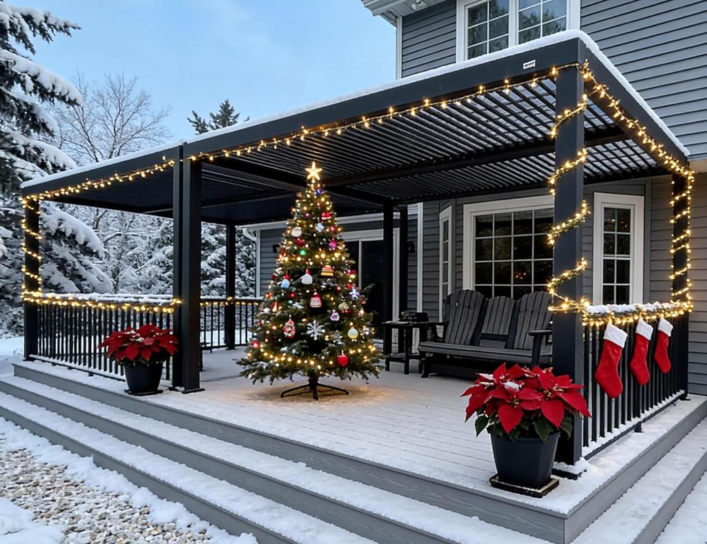 PURPLE LEAF Pergola 3,65x7,3m Wasserdicht Winterfest, Aluminium Pavillon mit Verstellbarem Lamellendach, Grau