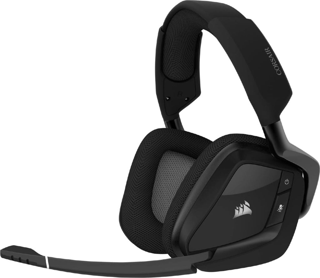 A black gaming headset with a microphone is shown against a white background.