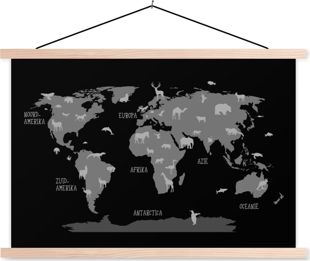 MuchoWow Textilposter Weltkarte mit Tieren - schwarz und weiß 120x80 cm mit holzfarbenen Rahmen - Aufhängeset