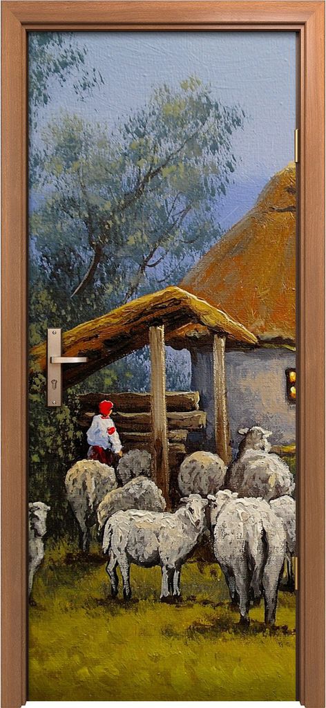 Türposter 80x200 cm Türaufkleber Türtapete Türfolie Klebefolie Schafe Land Tier Hütte Windmühle