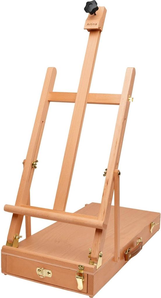 Schildereasel Le Mans Ezel Set aus Buchenholz - Tisch-Easel für gespannte Rahmen - kleine kippbare Easel mit Schublade - verstellbarer Neigungswinkel