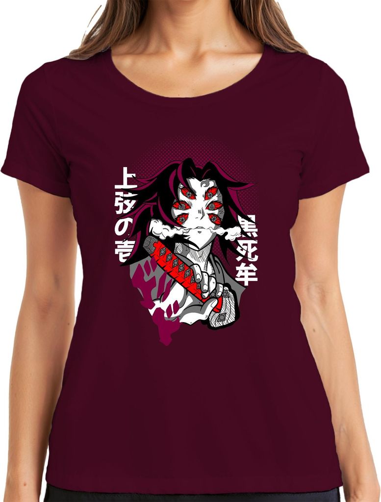 Sechsäugiger Dämon Samurai Anime Katana Manga düster Geschenk Damen T-Shirt, Burgundy, S