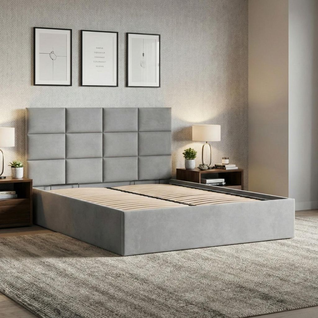 Polsterbett 180x200 cm mit Lattenrost, stabiles Doppelbett mit dekorativem Kopfteil, ohne Bettkasten, Samt, Grau, Hellgrau, YORK 180 x 200