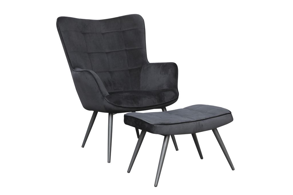byLIVING Sessel mit Hocker UTA / Polstersessel und Fußhocker in Samtbezug schwarz / Gestell in schwarz / Relaxsessel / Polsterhocker / Set