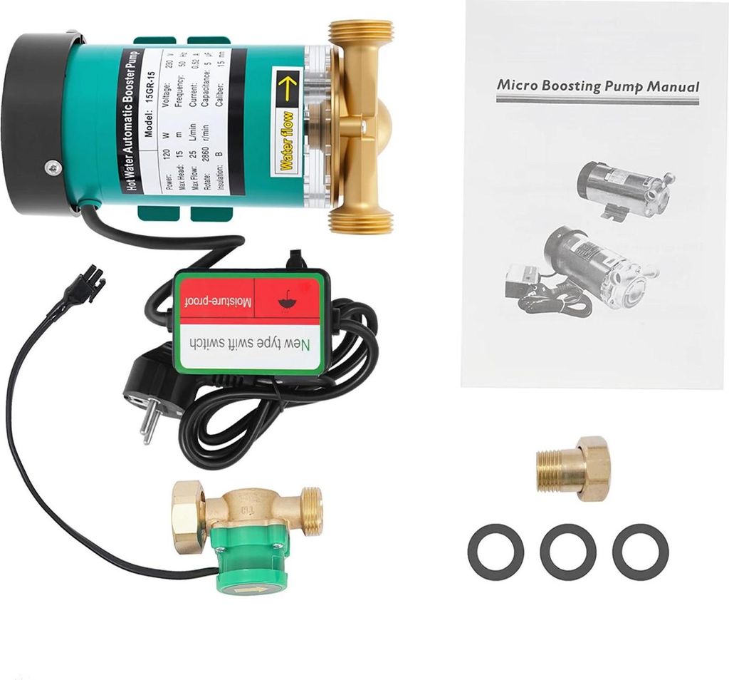 Warmwasser-Umwälzpumpe - 15GR-15 120W - 220V 50Hz EU-Stecker - Kreiselpumpe für Dusche, Boiler, Warmwasserbereiter - Messing & Edelstahl