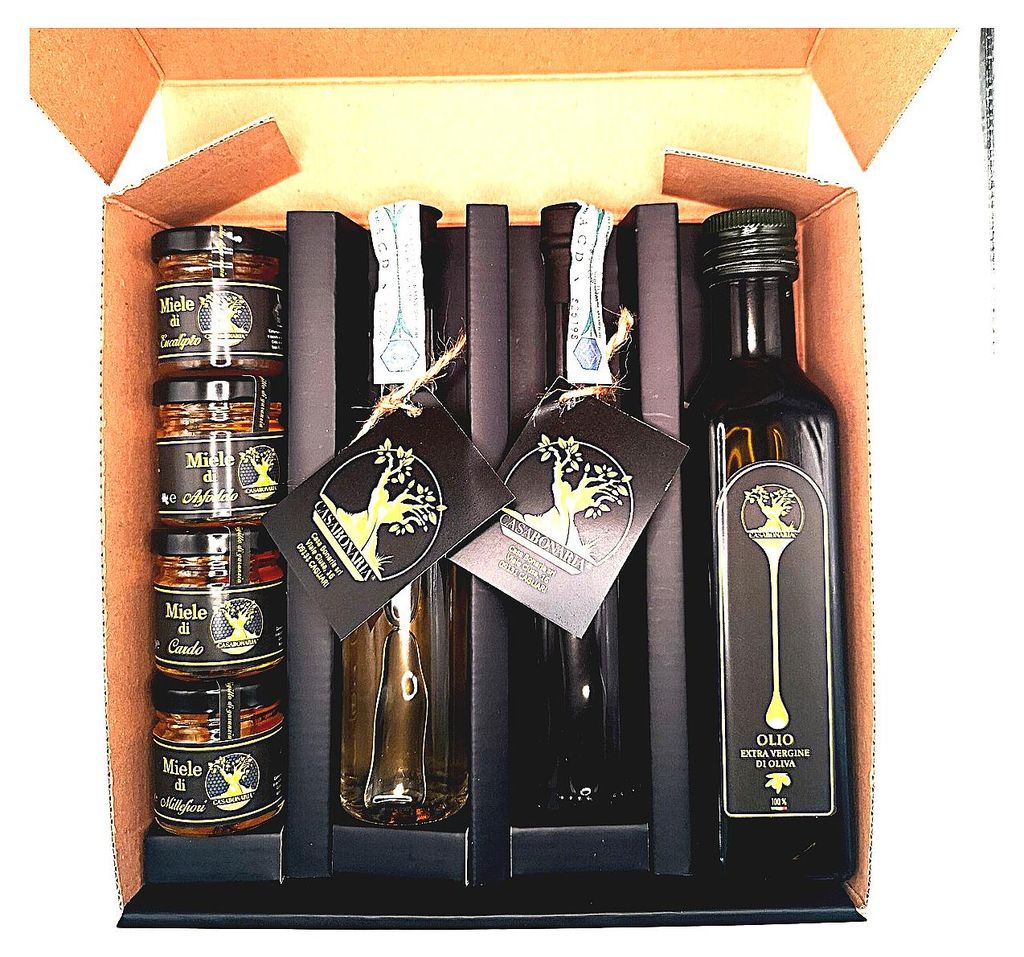 Casa Bonaria - Degustationsbox mit italienischem Olivenöl, Mito Rosso und Bianco aus Sardinien, Honigset, Geschenkidee