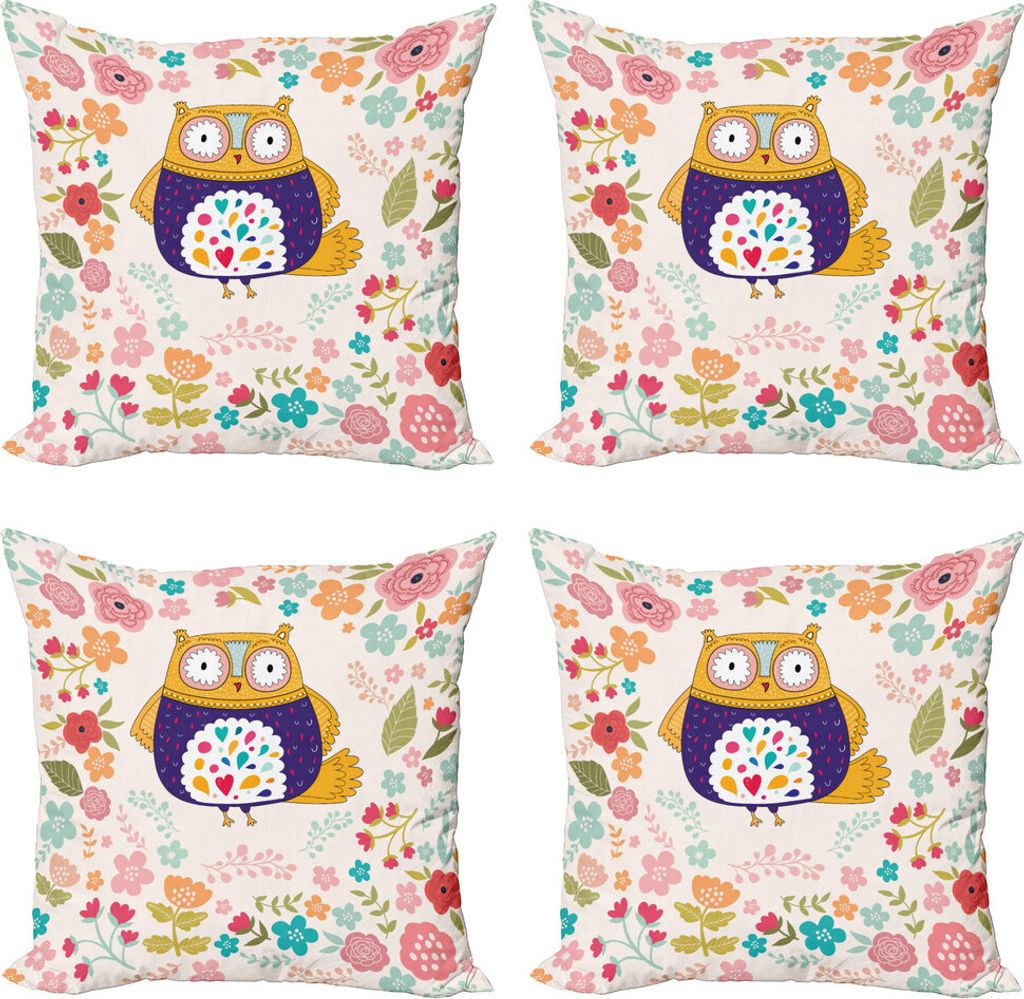 ABAKUHAUS Eule Kissenbezug Set (4 Stück), Bunter Vogel und Blumen, Moderner Doppelseitiger Digitaldruck, 45 cm x 45 cm, Mehrfarbig
