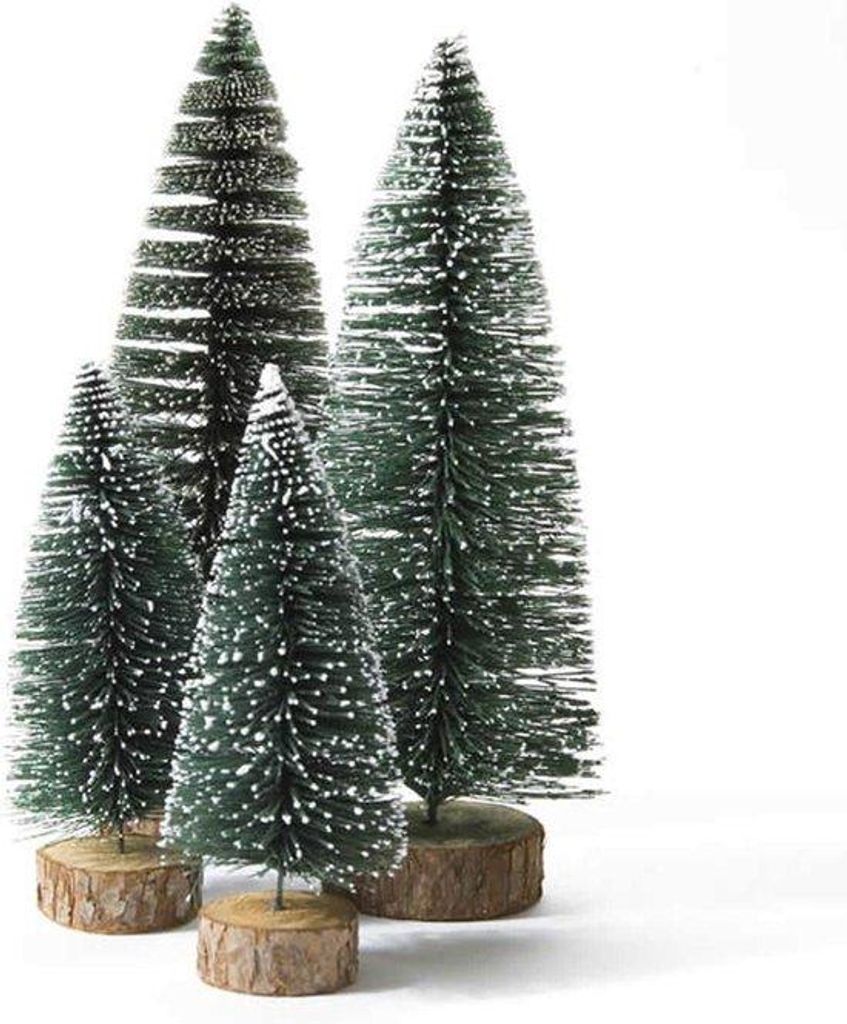 Kleines Weihnachtsbaum-Set aus 4 Größen mit künstlichen kleinen Tannenbäumen auf Holzbasis für Weihnachts-Feiertagsraum-Tischdeko