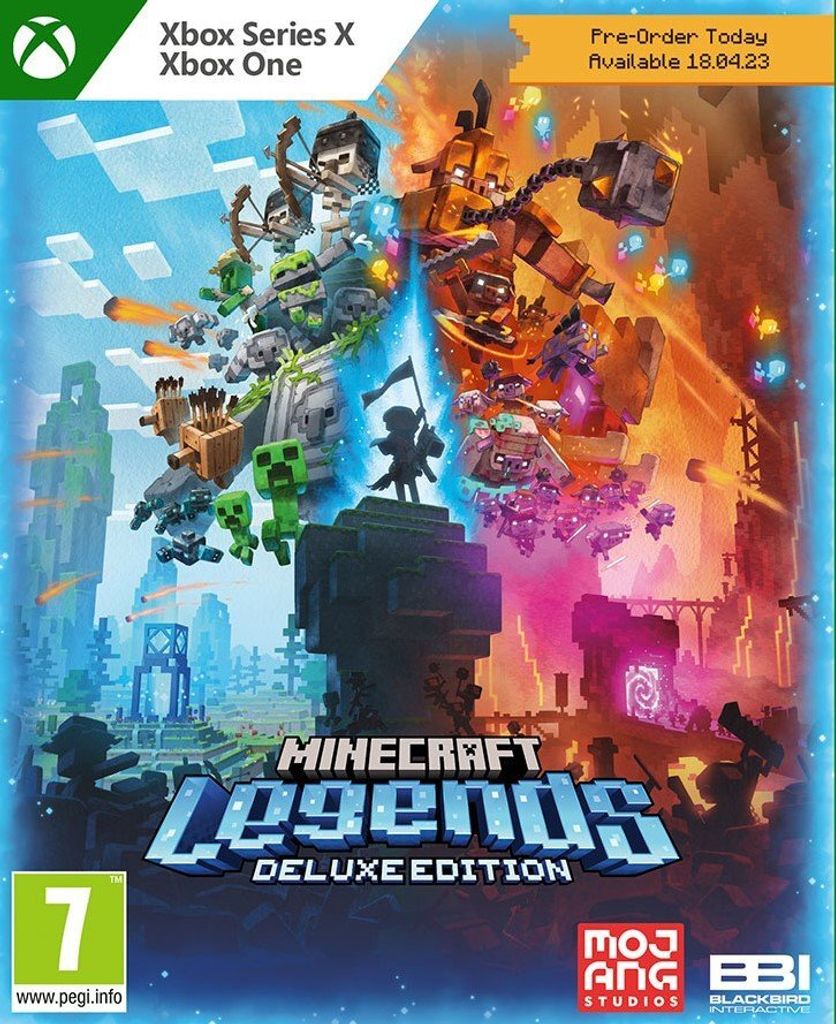 The image is a promotional artwork for the video game Minecraft Legends Deluxe Edition, showing characters and environments from the game.