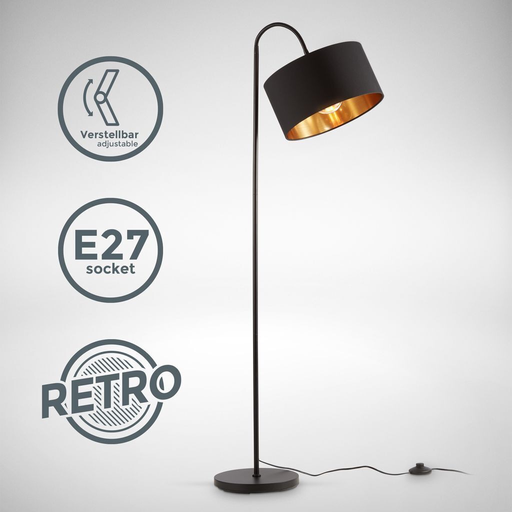Stojacia lampa retro čierno-zlatá tkanina E27 zakrivená Obrázok produktu 