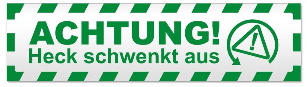 Kiwistar - Autoaufkleber - Grün - 20 x 5,3 cm - Achtung Heck schwenkt gestreift - Hinweis Aufkleber Sticker für Auto, Kfz, Fahrrad, PKW, LKW