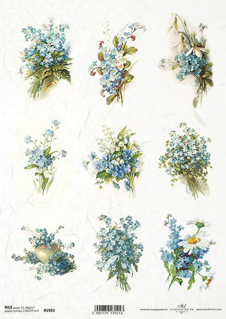 ITD Reispapier Decoupage Bastelpapier, R1983 Frühlingsblumen, Vergissmeinnicht