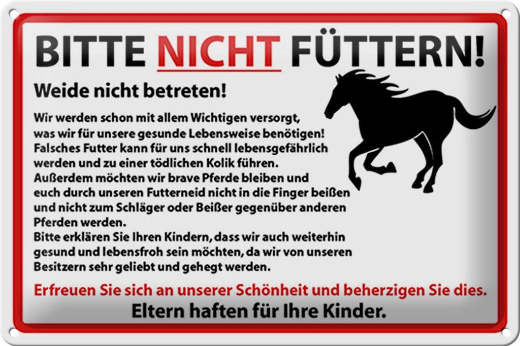 Blechschild Hinweis füttern verboten Pferde, 30x20 cm, Blechschilder Bauernhof Landwirt Tiere