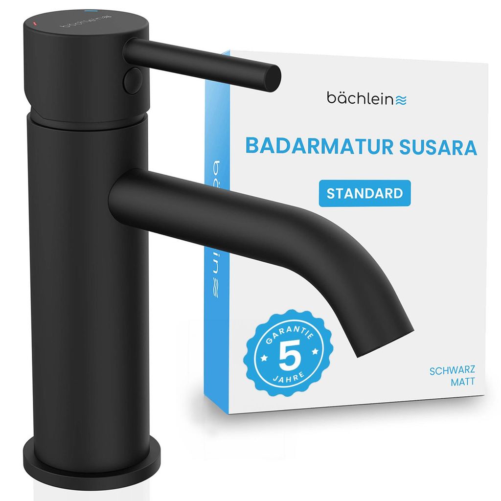 Bächlein Badarmatur Susara mit gebogenem Auslauf, Design Einhebelmischer mit langlebiger Keramikkartusche und Montage-Set, Bad Wasserhahn Matt Sch...