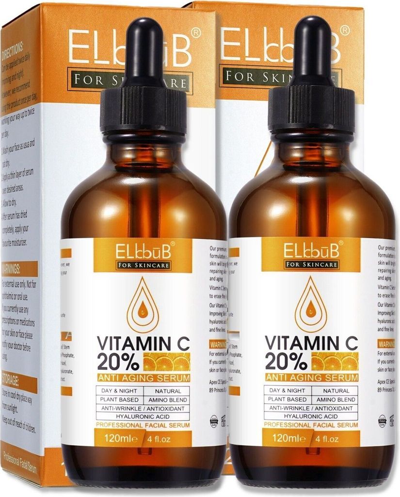 Gesichtsserum mit Vitamin C und E Hyaluronsäure Anti Aging Falten Vegan, 2x 120ml
