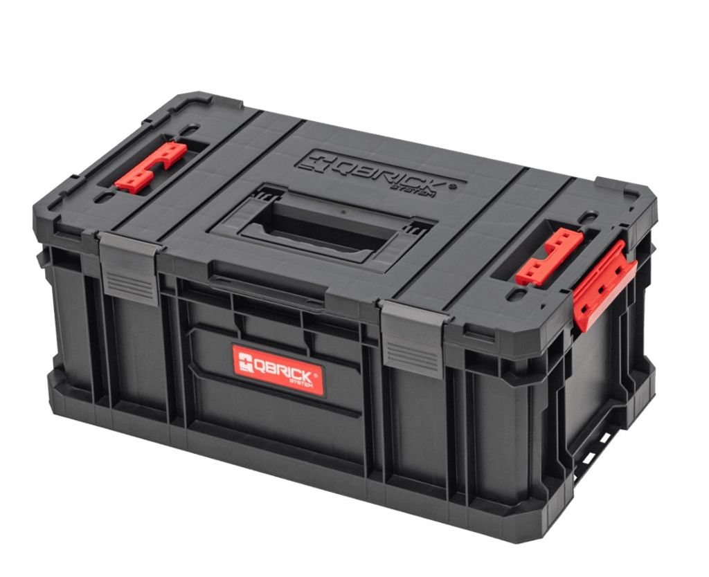 A black Qbrick toolbox with red accents is shown against a white background.