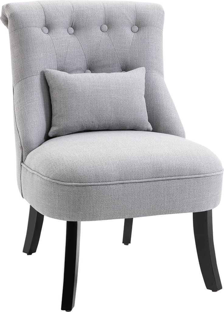 A light gray armchair with a small gray pillow on it, shown from the front.