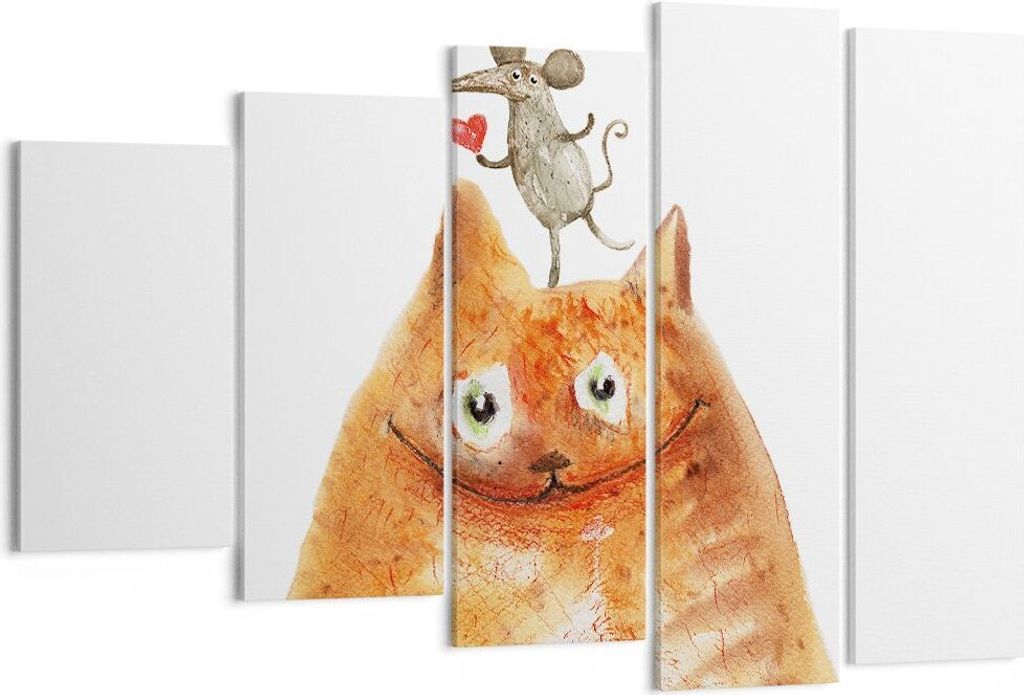 Bild auf Leinwand - Leinwandbild - 5 Teile - Katze Maus Kinder - 150x100cm - Wand Bild - Wanddeko - Wandbilder - Leinwanddruck - Bilder - Wanddekor...