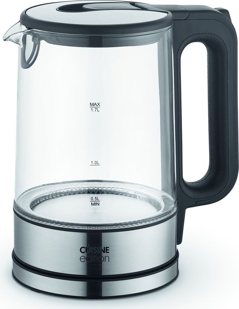 CUISINE EDITION Wasserkocher aus Glas | Moderner Wasserkocher mit Edelstahlelemente | 1,7 Liter | Sockel mit LED-Beleuchtung