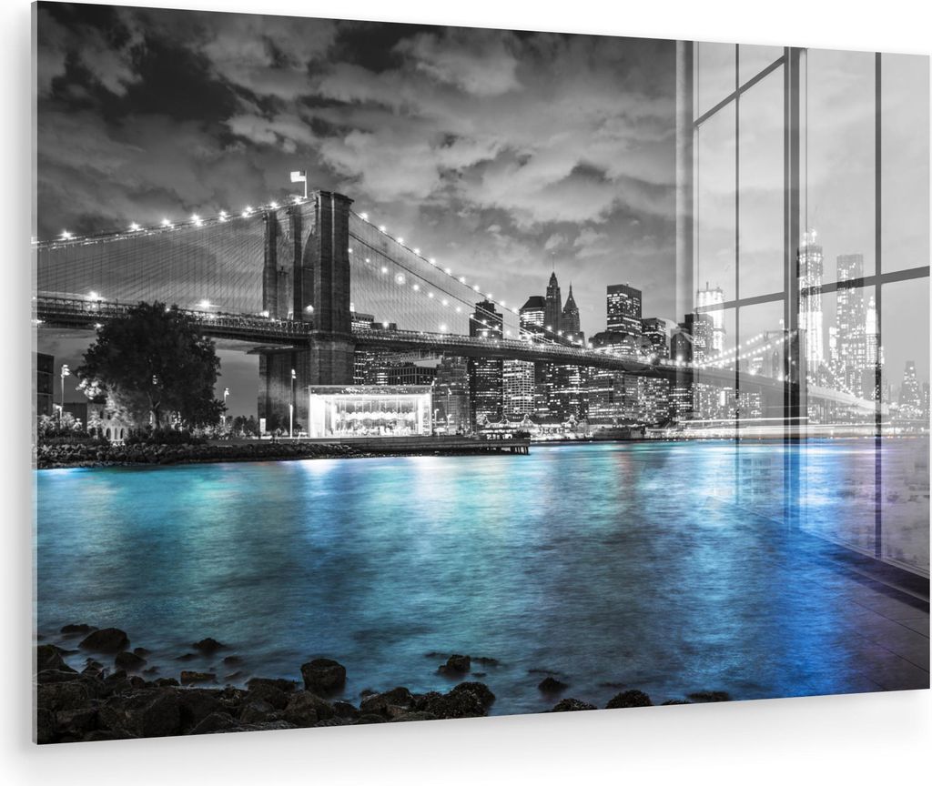 MuchoWow Glasbilder - Bilder auf Wandbild - Foto auf Glas New York - Skyline - Stadt - Blau 60x40 cm Wanddekoration aus Glas - Acrylglasbild - Acry...