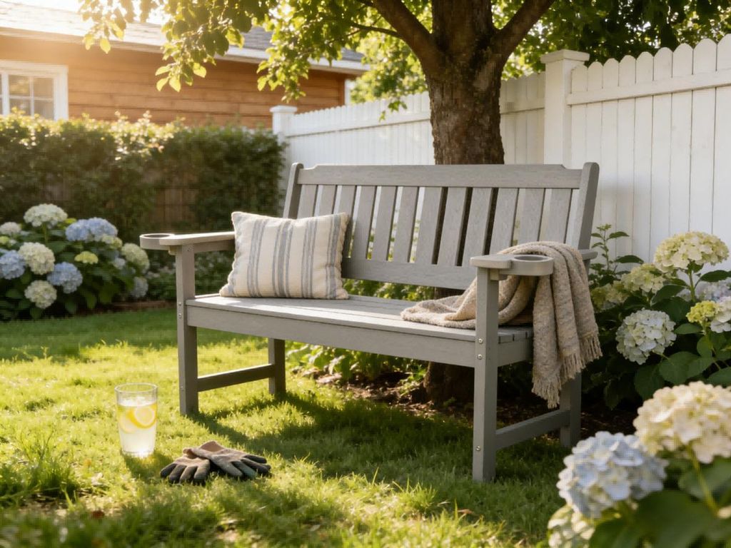 williamspace Allwetter-Gartenbank mit integrierten Getränkehaltern aus High-Impact-Polystyrol, wetterfest und pflegeleicht, hellgrau