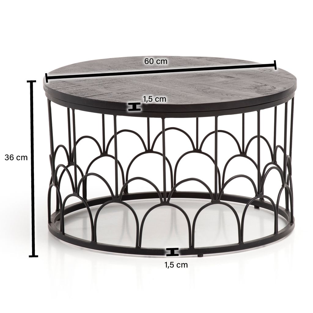A round coffee table with a dark wood top and a decorative metal base, shown with dimensions indicated.
