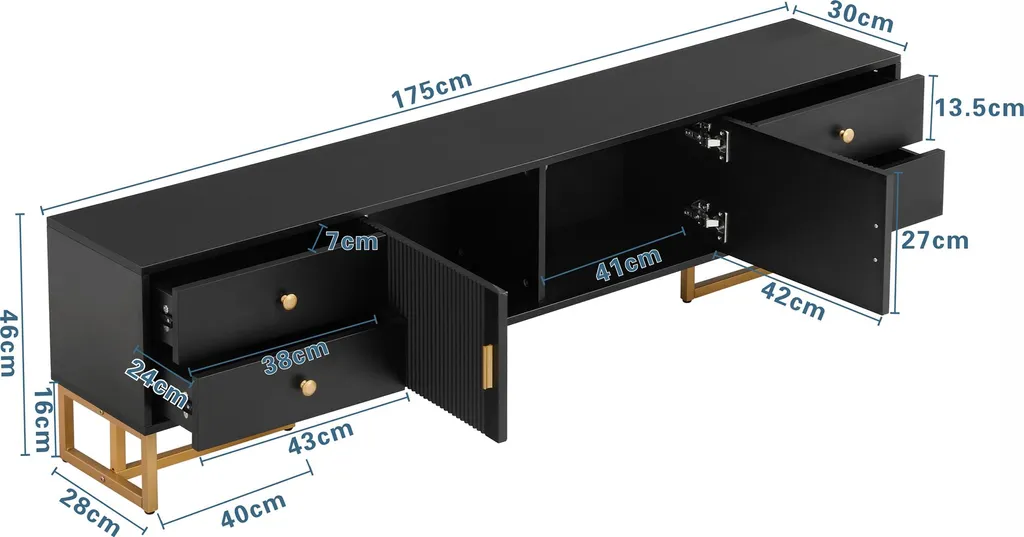Armoire TV basse noire chic à portes structurées et finitions dorées