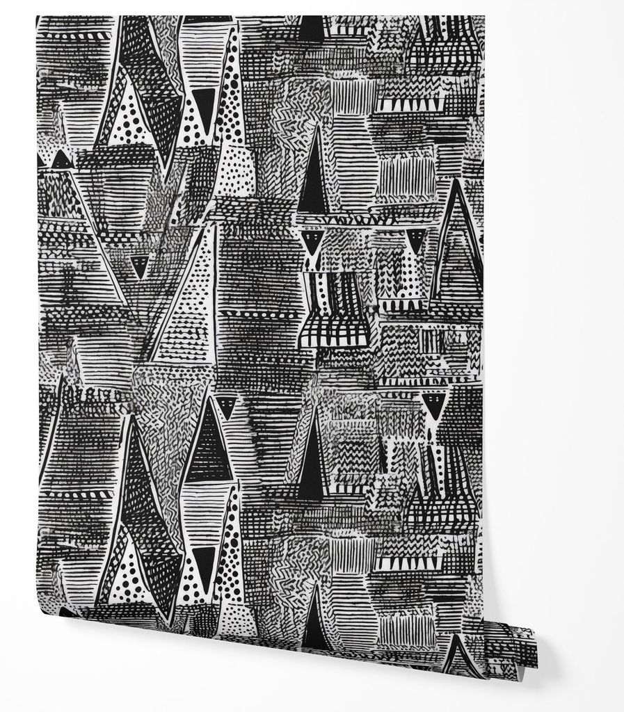 Vliestapete Schwarz Weiß Geometrische Dreiecke Abstraktes Muster Ethno Boho Tribal Struktur Modernes Grafik Design Wohnzimmer Schlafzimmer Flur B...