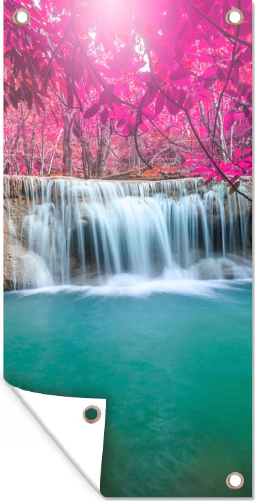 MuchoWow 30x60 cm Outdoor-Poster Gartendeko Sichtschutz Garten Poster für den Garten Wasserfall - Baum - Rosa - Natur