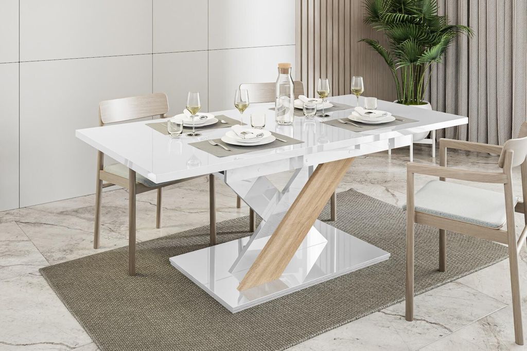 Esstisch BRONX, Stilvoll Ausziehbar Esszimmertisch, Design Tisch, Esszimmer (Weiß Hochglanz + Eiche Sonoma)