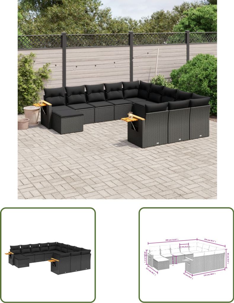 The Living Store 11-tlg. Garten-Sofagarnitur mit Kissen Schwarz Poly Rattan