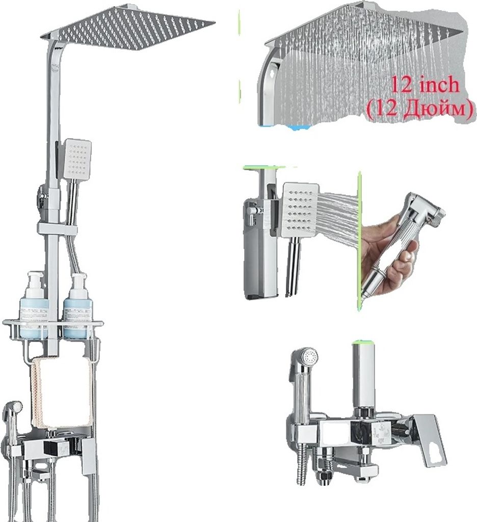 Hochwertiger Duscharmatur, 304 Edelstahl, verstellbare Höhe, 4-Wege 12inch D