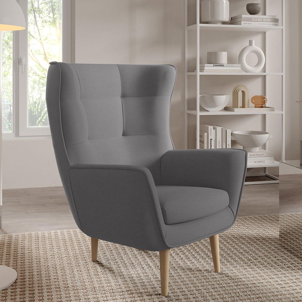 Sessel Franco Polstersessel, Einzelsessel mit Rückenlehne für Wohnzimmer und Esszimmer, bequemer Sessel, naturfarbene Holzbeine – Stoff Castel 74