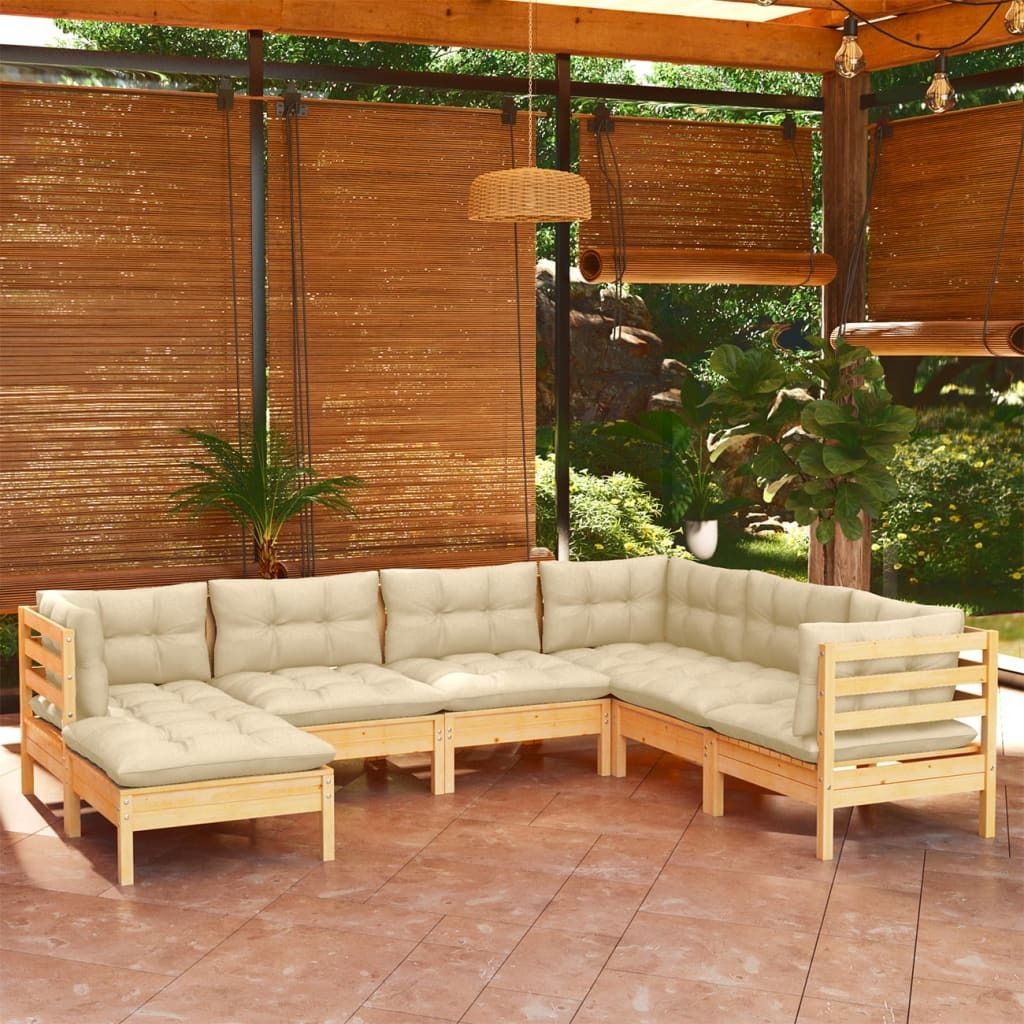 "Rabatt" 7-tlg. Garten-Lounge-Set - Wetterfestes Sitzgruppe - für 6 Personen - mit Creme Kissen Massivholz Kiefer - Lounge-Dining set CC3450