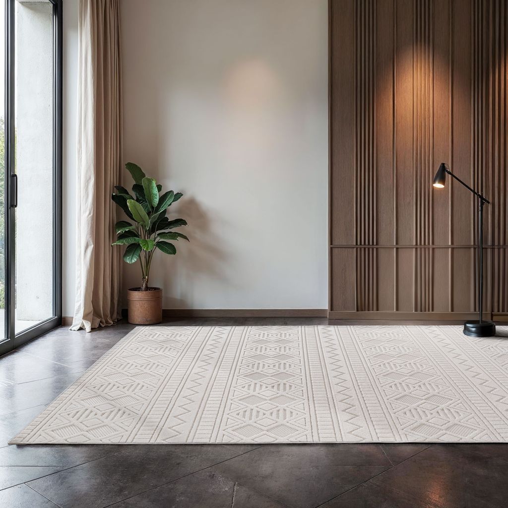 Simpex24 Indoor Outdoor Teppich Wetterfest 3D Optik, Modern Design, Waschbar, Wetterbeständiges, Natur Farbe, Wohnzimmer, Terrasse, Creme-2 Größ...