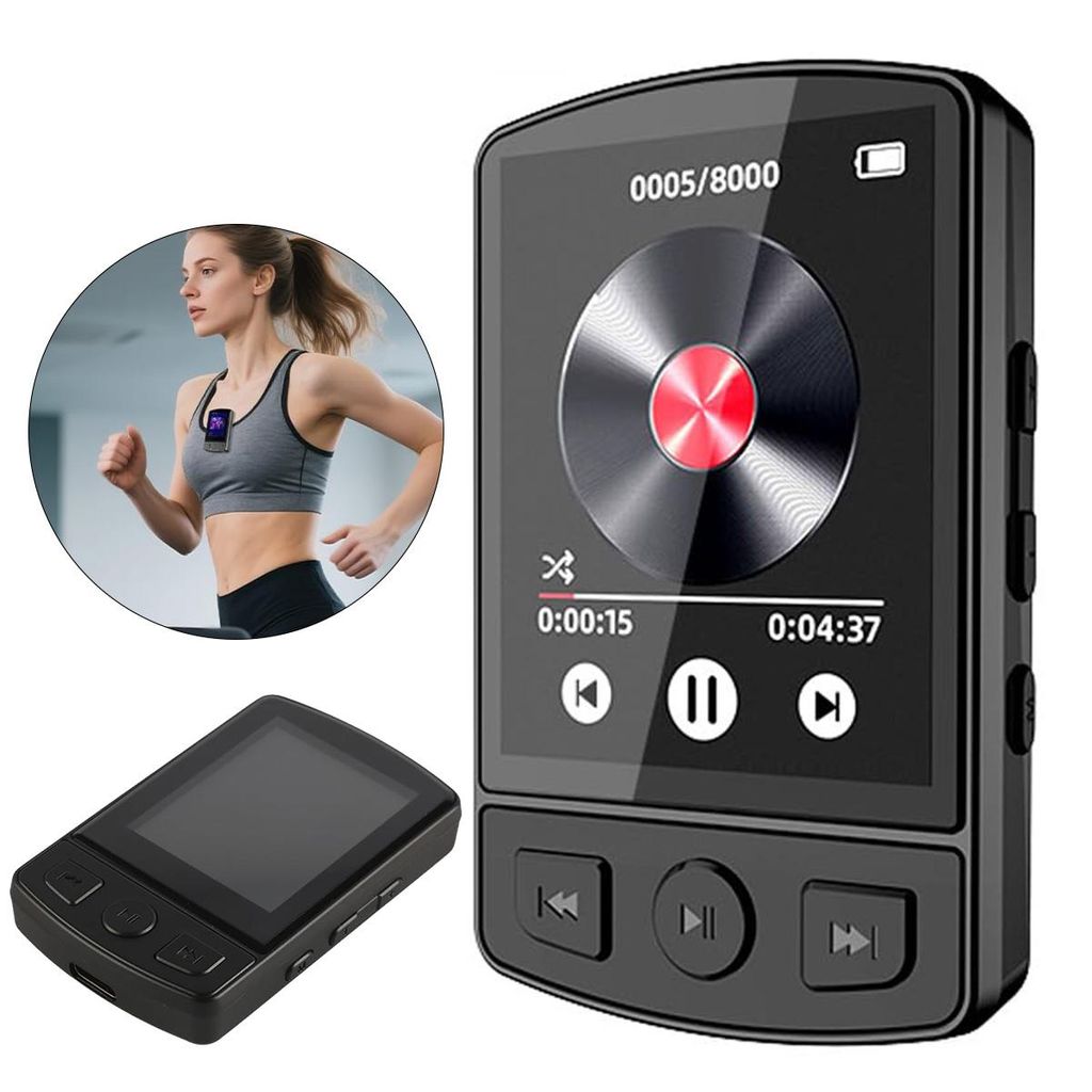 32 GB MP3 Player mit Bluetooth 5.0, Lautsprecher, FM-Radio, Videowiedergabe, Diktiergerät & E-Book Reader – Clip-Design, Englisch/Deutsch