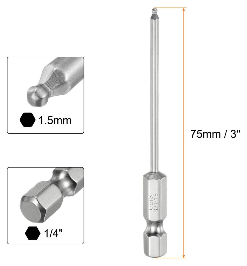 Kugelkopf Innensechskant Schraubendreher1,5 mm (H1,5) Sechskantschaft Ball End Hex 75 mm) Lange Magnetischen 1/4" S2 Legierter Stahls Schraubendreh...