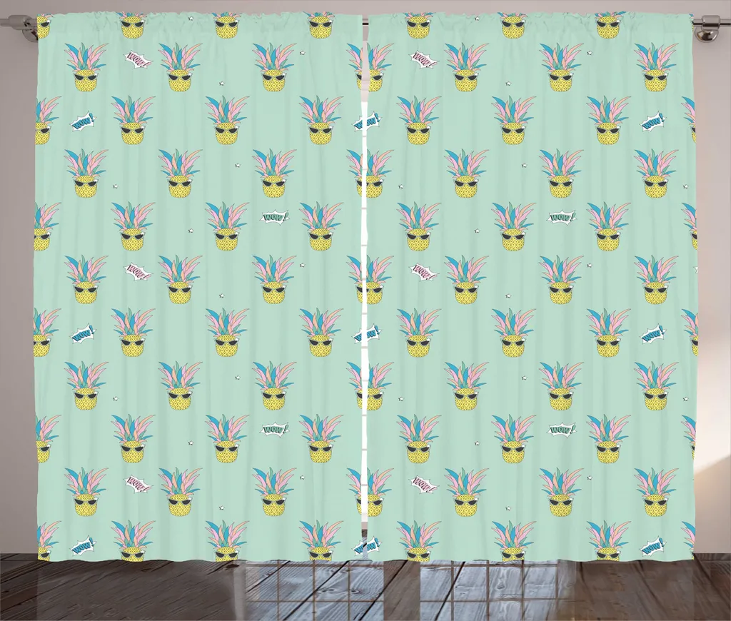 Rideau ABAKUHAUS Pop Art Ananas 280x225 cm avec Ruban Universel Vert