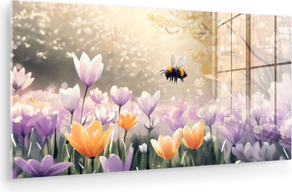 MuchoWow Glasbilder - Bilder auf Wandbild - Foto auf Glas Veilchen - Biene - Sonnenlicht 40x20 cm Wanddekoration aus Glas - Acrylglasbild - Acrylbi...