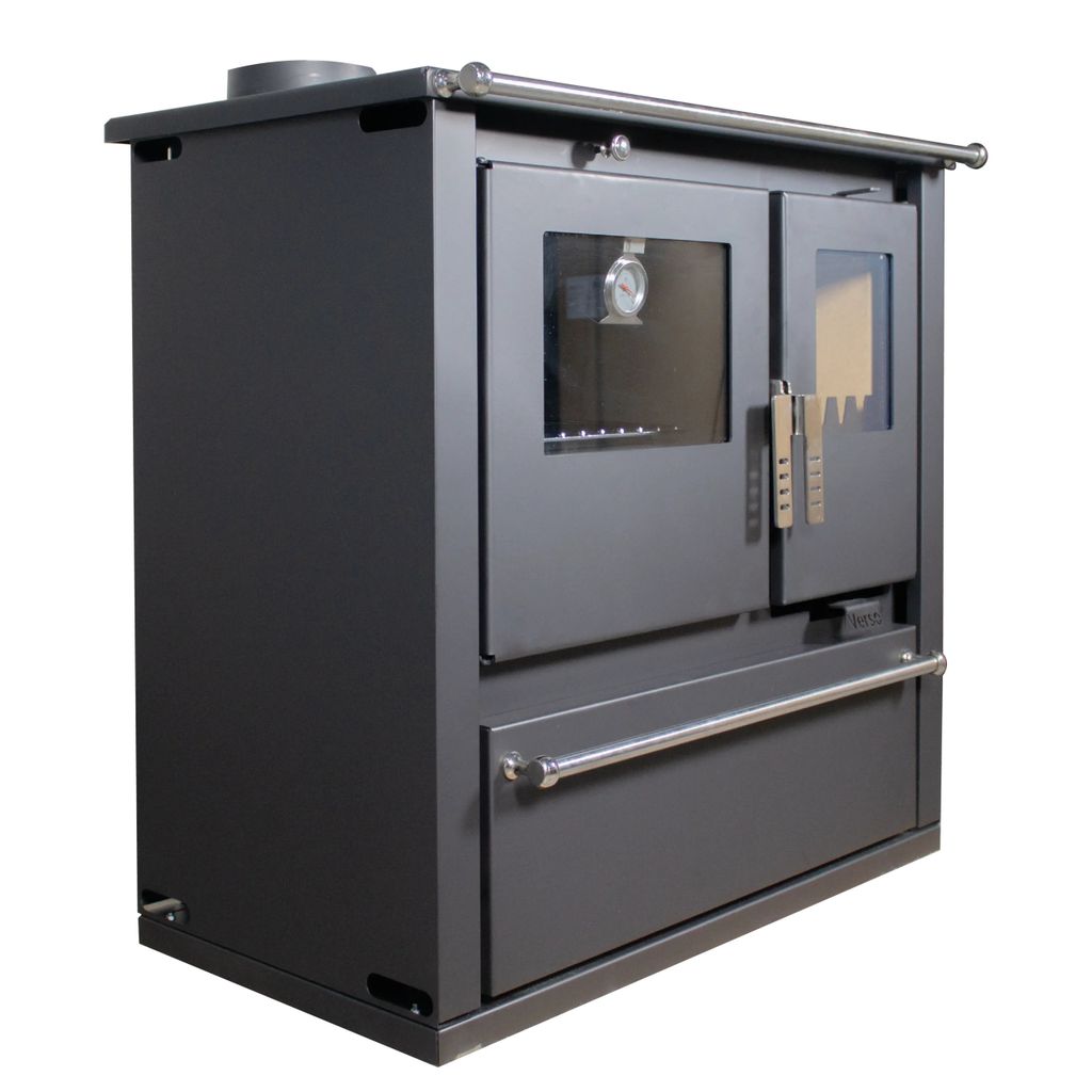 A dark gray wood-burning stove with a glass oven door and a storage drawer.