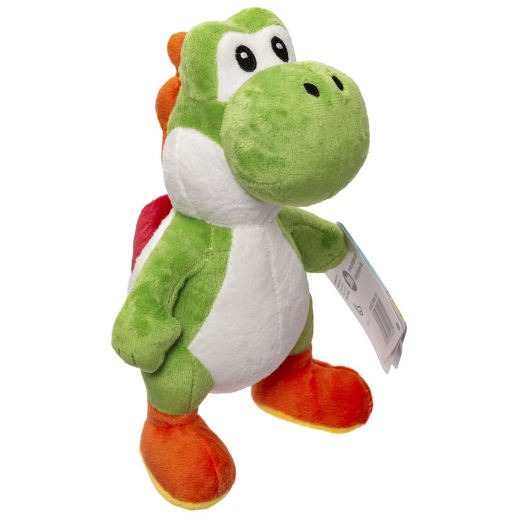 A plush toy of the character Yoshi from the Super Mario franchise, standing against a white background.