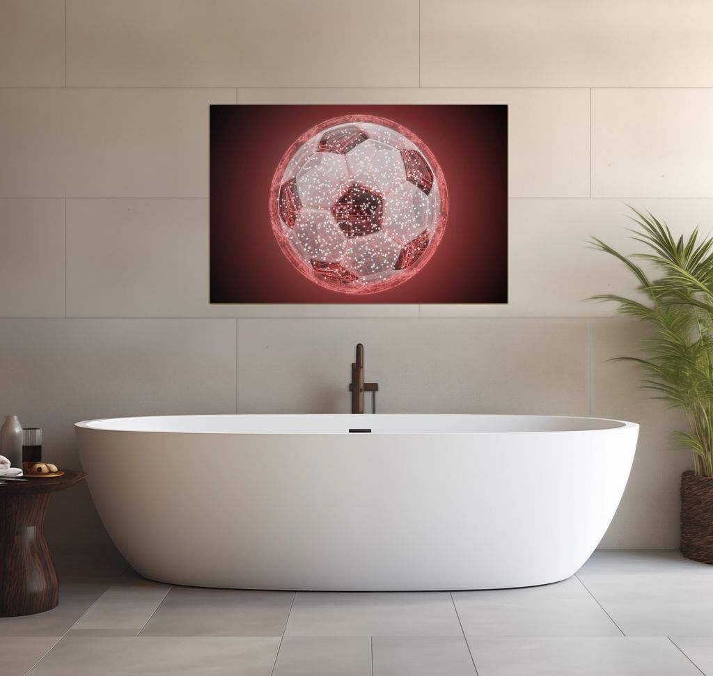 Wallario wasserfestes Poster selbstklebend 91,50 x 61 cm, Fußball digital - Netzwerk in rot, Badezimmerposter Spritzschutz mit Hochglanzoberfläch...